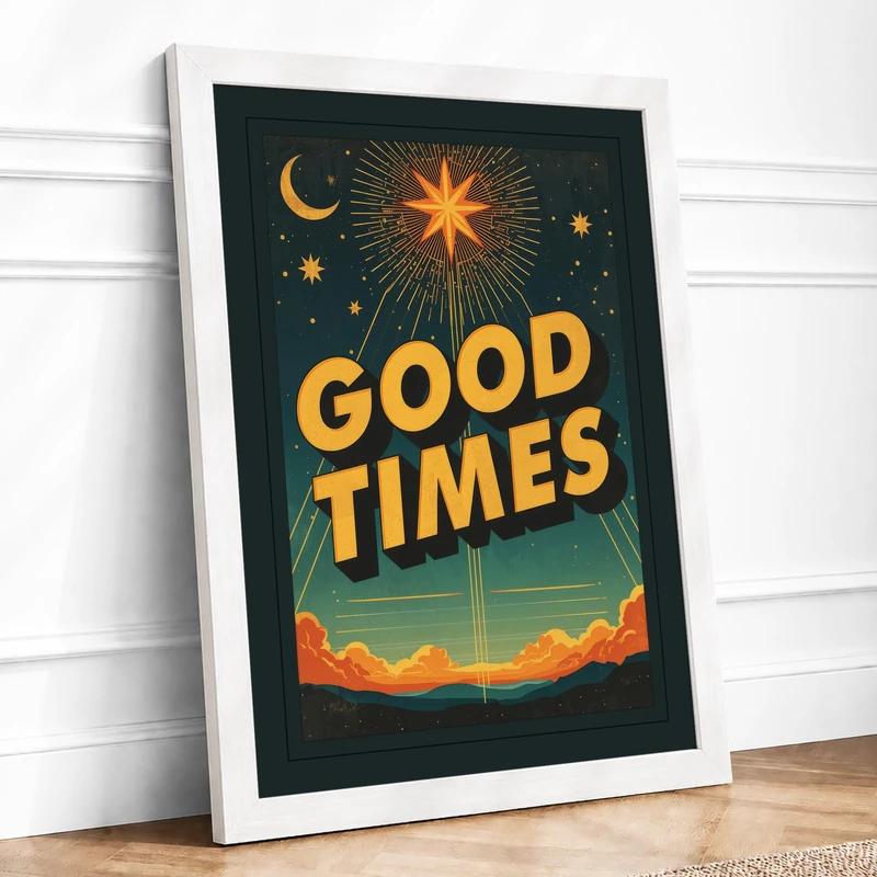Good Times Rising Retro Framed Wall Art Print A1 (84.1×59.4cm) White, Wall Decor for Living Room, Bedroom, Office & Home, Ready to Hang, Art Gift