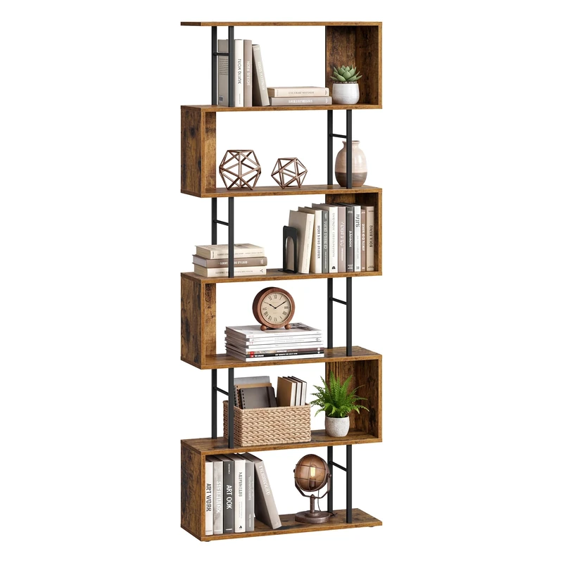 VASAGLE 7-Tier Bookshelf, S-Shaped Bookcase, Freestanding Display Shelf, Storage Rack for Living Room, Office, 60 x 24 x 190.5 cm, Rustic Brown and Matte Black, BARNET Collection LLS173KD01 - Image 1