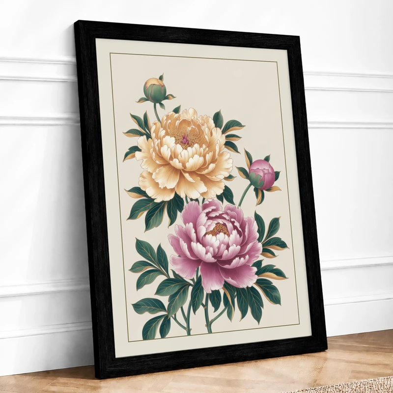 Peony Study Botanical Framed Wall Art Print A1 (84.1×59.4cm) Black, Wall Decor for Living Room, Bedroom, Office & Home, Ready to Hang, Art Gift