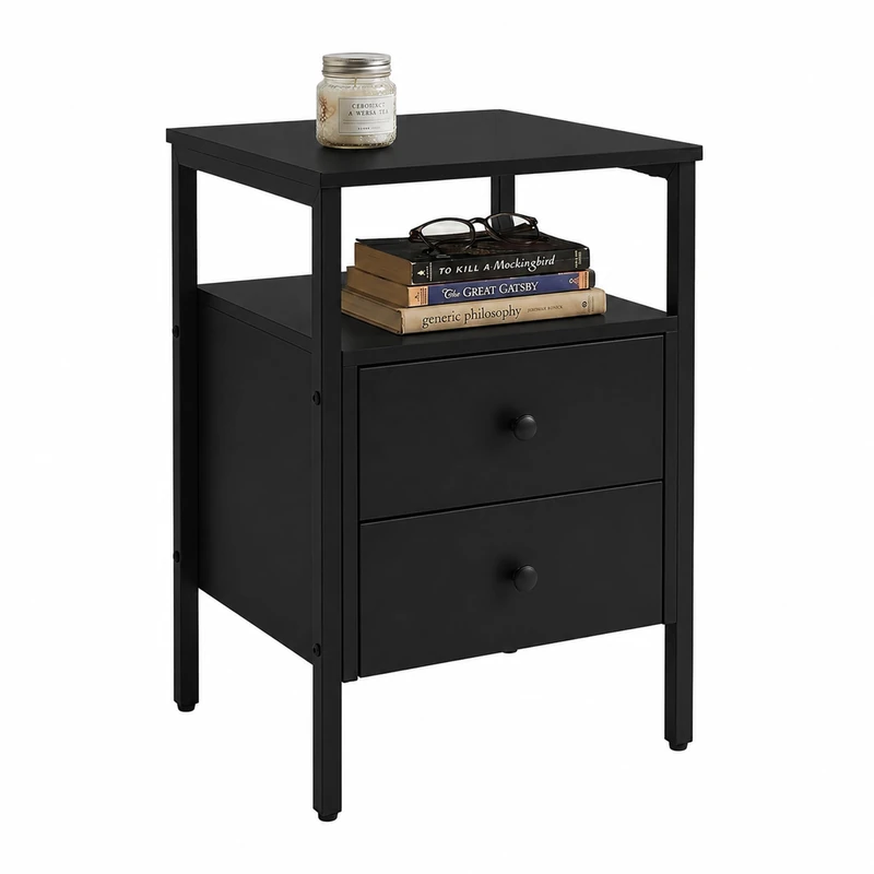 Relaxdays bedside table, 2 drawers, open shelves, HxWxD: 61 x 40 x 40 cm, bedroom, square, black - Image 1