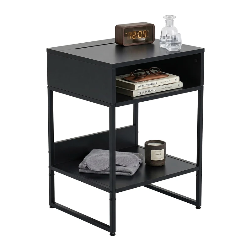 Relaxdays square bedside table, 2 open compartments, phone & tablet holder, HxWxD: 40 x 40 x 30 cm, bedroom, black - Image 1