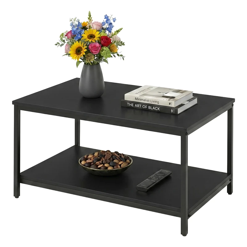Relaxdays side table, with shelf, engineered wood & steel, HxWxD: 42x80x50 cm, living room, black - Image 1