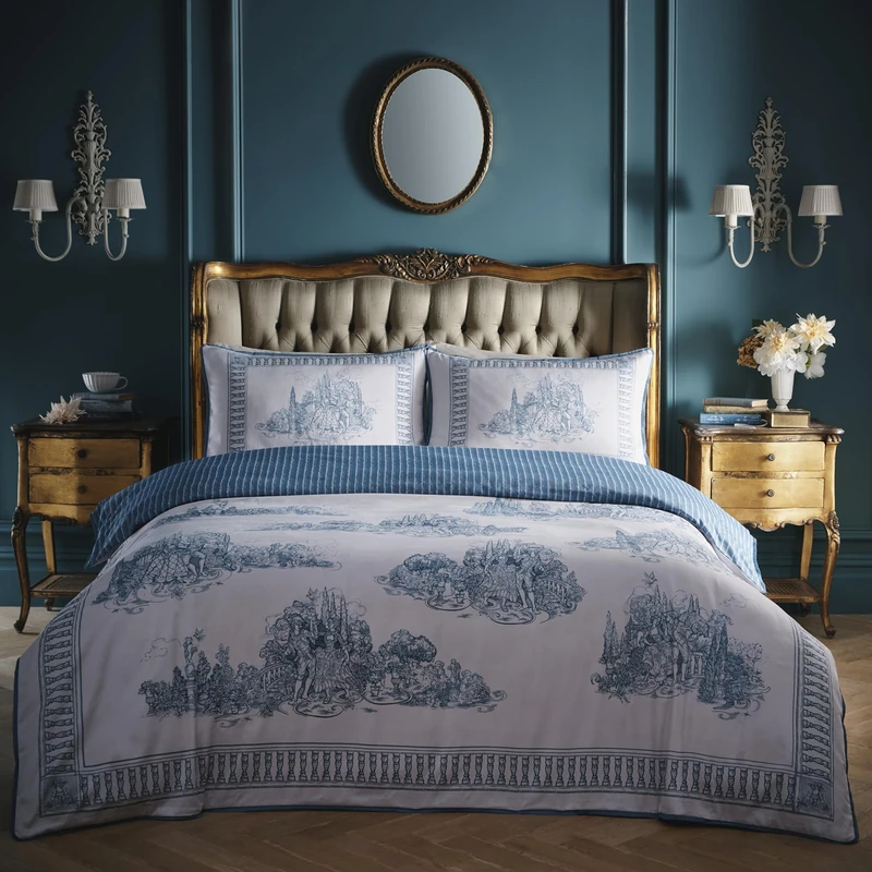 Laurence Llewelyn-Bowen Tuscan Toile Blue Duvet Cover Set Double – Trees Piping Trim Bedding – Breathable Cotton – Includes 1 Duvet Cover (200 x 200cm) & 2 Pillowcases – Blue Trees Bedroom Set