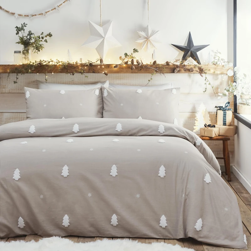 Appletree Boutique Tufted Trees Natural Duvet Cover Set Double – Tufted Bedding – Breathable Cotton – Includes 1 Duvet Cover (200 x 200cm) & 2 Pillowcases – Natural Trees Bedroom Set - Image 1