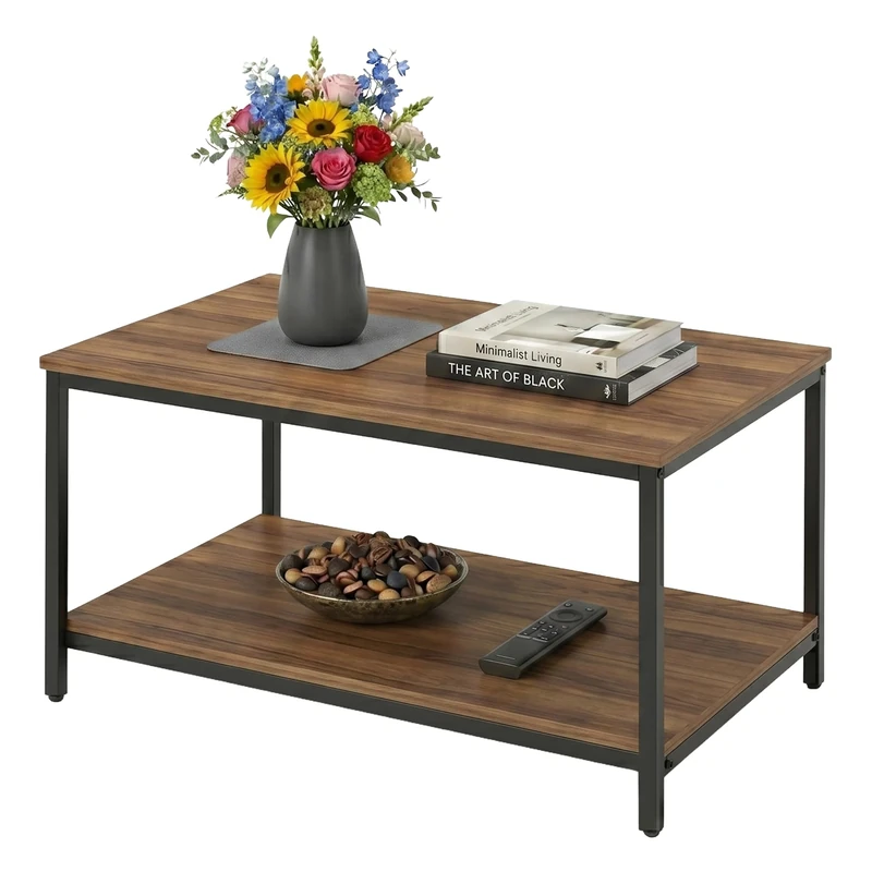 Relaxdays coffee table, with shelf, engineered wood & steel, storage, HxWxD: 42x80x50 cm, living room table, brown/black - Image 1