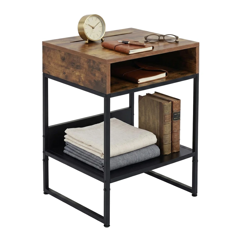 Relaxdays bedside table, 2 open shelves, phone & tablet holder, 40x40x30 cm, industrial-style, black/brown - Image 1