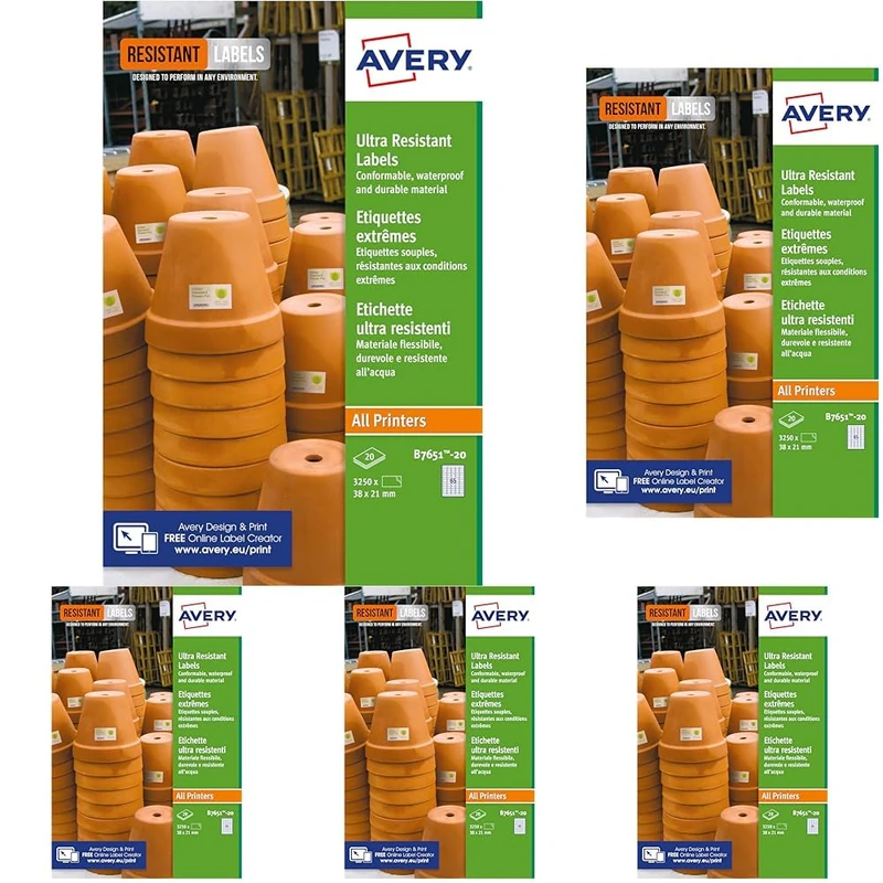 Avery B7651-20 Ultra Resistant Labels, White (A4 38.1 x 21.3 mm, 20 Labels) (Pack of 5)
