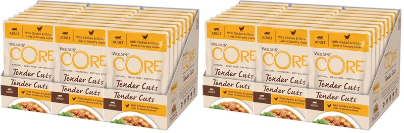 Wellness CORE Tender Cuts 24 x 85g, Chicken & Chicken Liver – Wet Cat Food, Tender Pieces in Sauce, Grain-Free, Natural, Hypoallergenic, Protein-Rich, High Meat Content (Pack of 2)