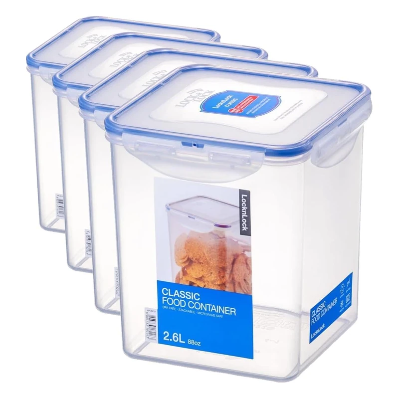 Lock & Lock Square Storage Container - Square 2.6 Litre (155 x 155 x 170 mm), Clear/Blue (Pack of 4)