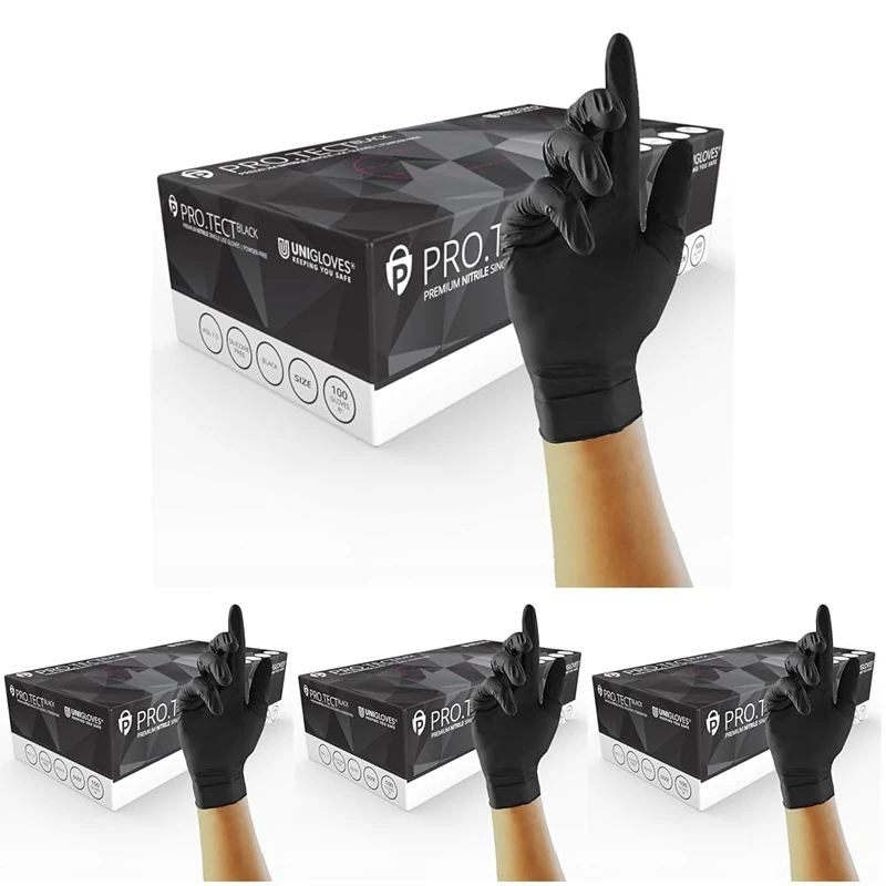 UNIGLOVES PRO.TECT Black GA0043 Nitrile Single Use - Multipurpose, Powder Free Disposable Gloves, Box of 100 Gloves, Black, Medium (Pack of 4)