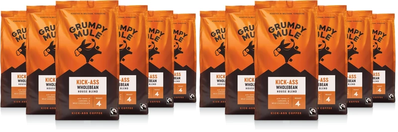 Grumpy Mule Kick-Ass House Blend Whole Coffee Beans with notes of Caramel and Milk Chocolate 200g (Pack of 12 - Total 1.2kg)