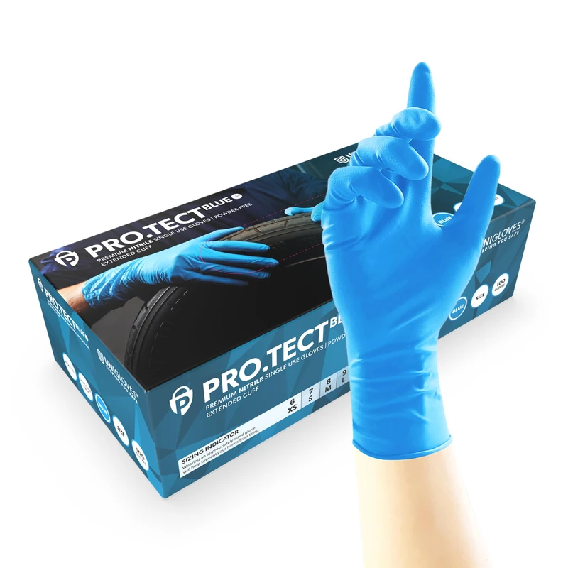 UNIGLOVES PRO.TECT Blue Nitrile Disposable Gloves, Extended Cuff, Nitrile Gloves, Box of 100, Size M (Pack of 6) - Image 1