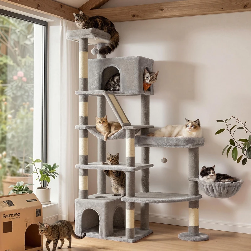 Feandrea Cat Tree, Multi-level Tall Cat Tower for Large Cats, 105 x 45 x 188 cm, 6 Rest Areas, Sisal Scratching Posts and Board, Double Baseboard, Light Grey, Clawfy Collection PCT016G101