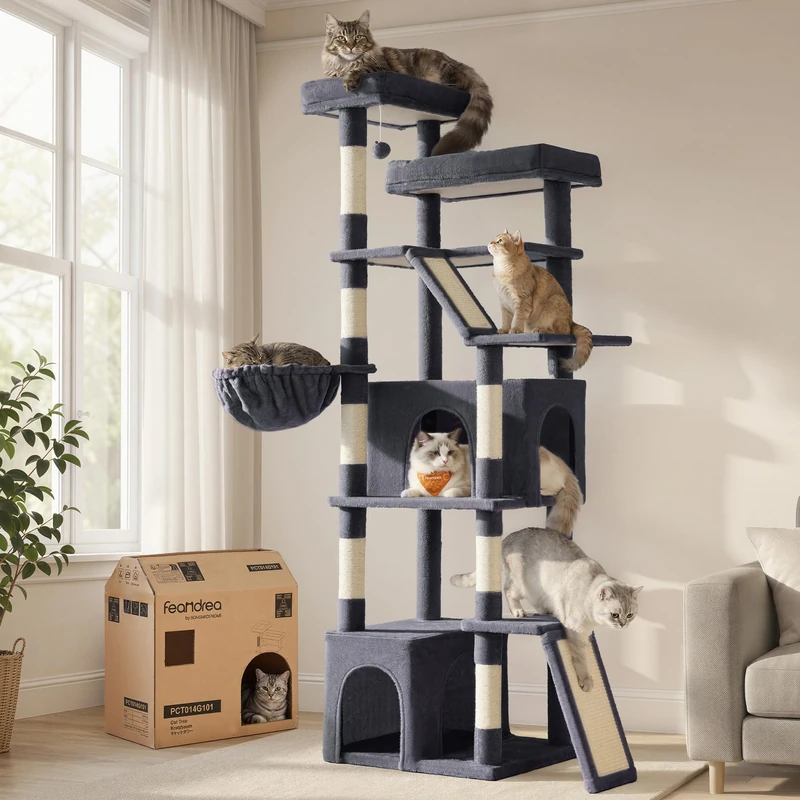 Feandrea Cat Tree, Sturdy Multi-Level Tower with Sisal Scratching Posts and Boards, 55 x 45 x 185 cm, Dark Grey Activity Centre for Large Cats, Clawfy Collection PCT014G201