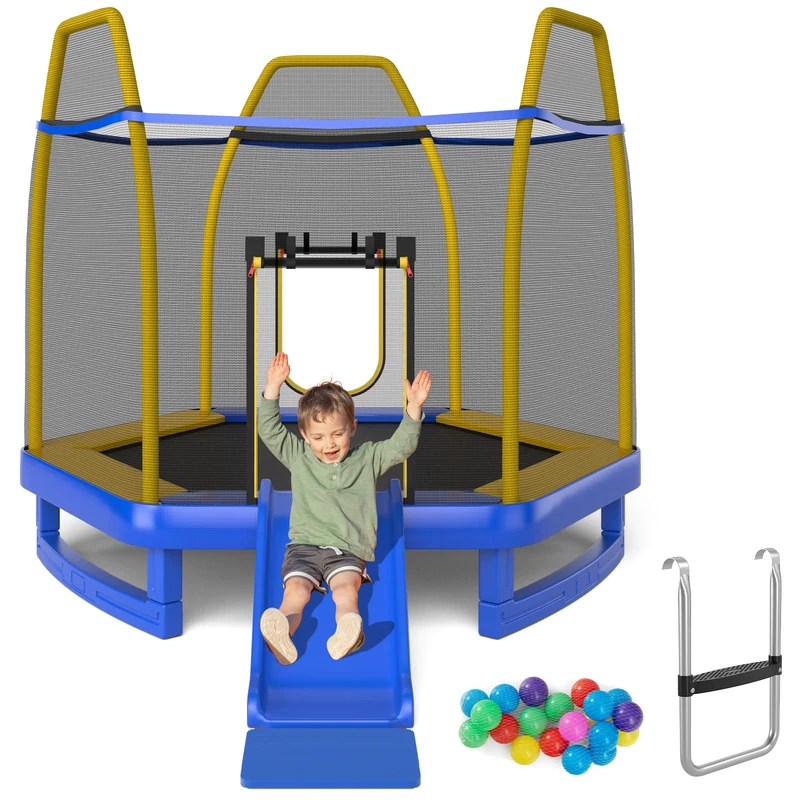 GYMAX 7FT Kids Jumping Trampoline, 3-in-1 Fitness Trampoline with Safety Enclosure Net, Slide and Ladder and Ocean Balls, Indoor & Outdoor Jumping Bounce House for Boys & Girls (Blue + Yellow)