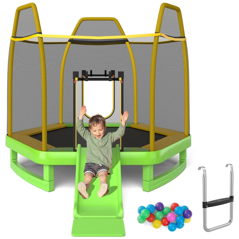 GYMAX 7FT Kids Jumping Trampoline, 3-in-1 Fitness Trampoline with Safety Enclosure Net, Slide and Ladder and Ocean Balls, Indoor & Outdoor Jumping Bounce House for Boys & Girls (Green + Yellow)