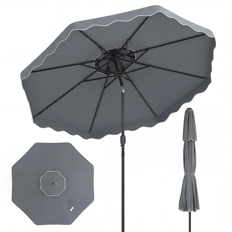 FANTASK Parasol 300 cm, Garden Umbrella with Crank & Valance, Parasol with Double Roof, 30° Bendable on Both Sides, Market Umbrella for Garden, Balcony, Patio (Grey)