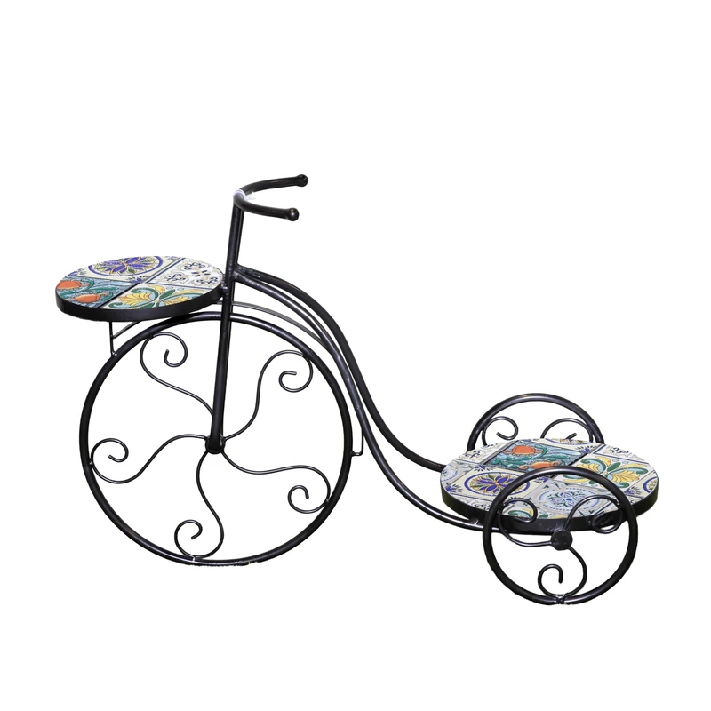 Mosaic Tricycle Plant Stand 65cm Metal Ceramic Tile Top Plant Display Accent Table for Balcony, Terrace, Porch, Garden, Patio, Home Décor - Image 1