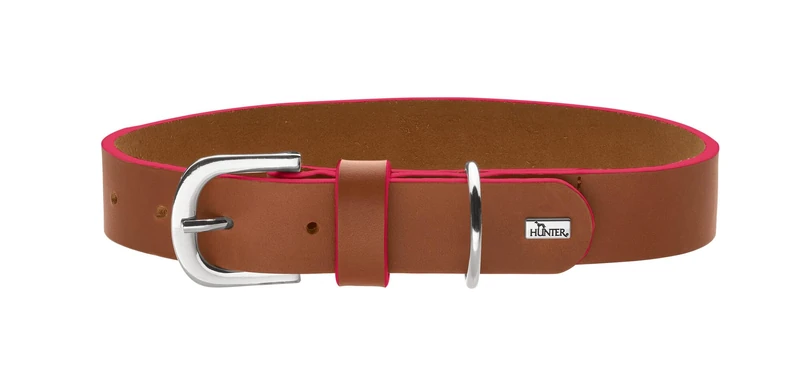 Hunter Garda Dog Collar Made of Soft Full Cowhide Leather, Robust and Comfortable, with Hand-Dyed Contrast Edges, Made in Germany, Colour: Cognac/Pink, Size: 60