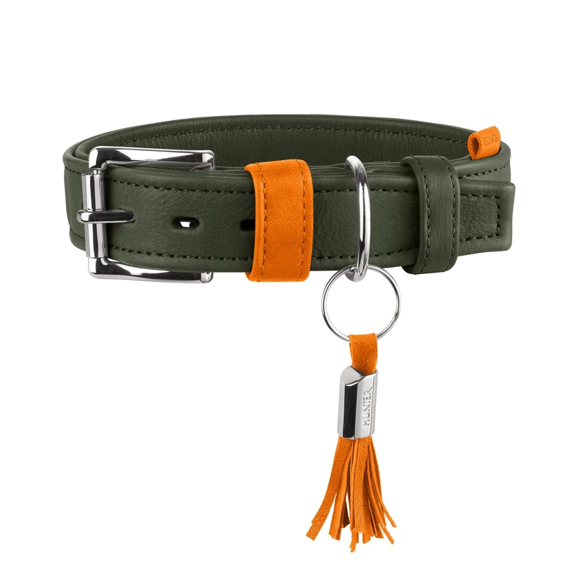 Hunter Portofino Dog Collar Made of Premium Leather, Extra Soft Padded and Gentle on Fur, with Folded Edges, Elegant Feel, Made in Germany, Colour: Olive/Orange, Size: 60