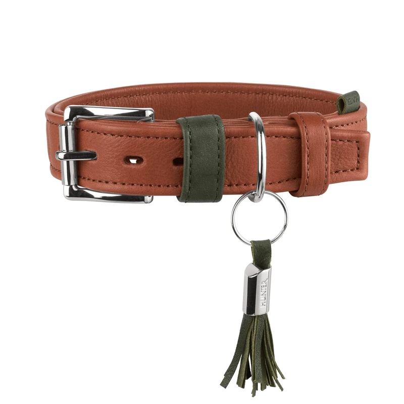Hunter Portofino Dog Collar Made of Premium Leather, Extra Soft Padded and Gentle on Fur, with Folded Edges, Elegant Feel, Made in Germany, Colour: Cognac/Olive, Size: 55