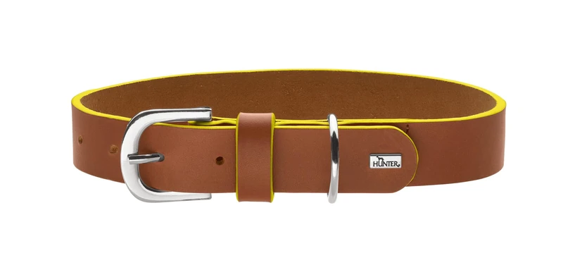 Hunter Garda Dog Collar Made of Soft Full Cowhide Leather, Robust and Comfortable, with Hand-Dyed Contrast Edges, Made in Germany, Colour: Cognac/Yellow, Size: 35 - Image 1