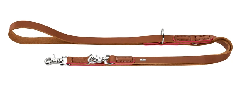 Hunter Garda Adjustable Dog Lead Made of Soft Cowhide Leather, Robust and Comfortable, with Hand-Dyed Contrast Edges, Adjustable to 3 Positions, Made in Germany, Colour: Cognac/Pink, Size: 15/200