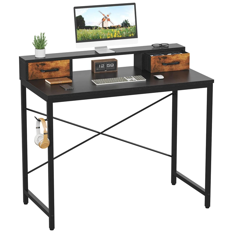 Feonase Industrial-Style Computer Desk with Elevated Monitor Riser & Dual Drawers – 100cm Wide MDF Desktop for Home Office, Gaming & Study Black(100x50x87cm)