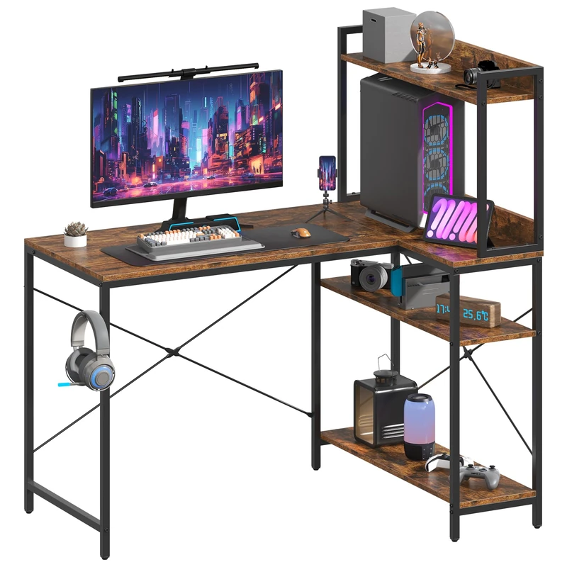 Feonase 47" L-Shaped Computer Desk Gaming Desk with Durable Metal Frame, Corner Desk with 4 Sheves and Hook, for Home Office Gaming Study Rustic Brown(120 x 70 x 124.5 cm)