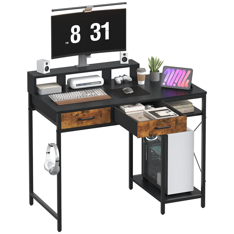 Feonase Ergonomic Computer Desk with Monitor Riser, 2 Under-Desk Drawers, CPU Stand & Hook – MDF Desktop for Home Office, Gaming & Study Black (100x50x87cm)