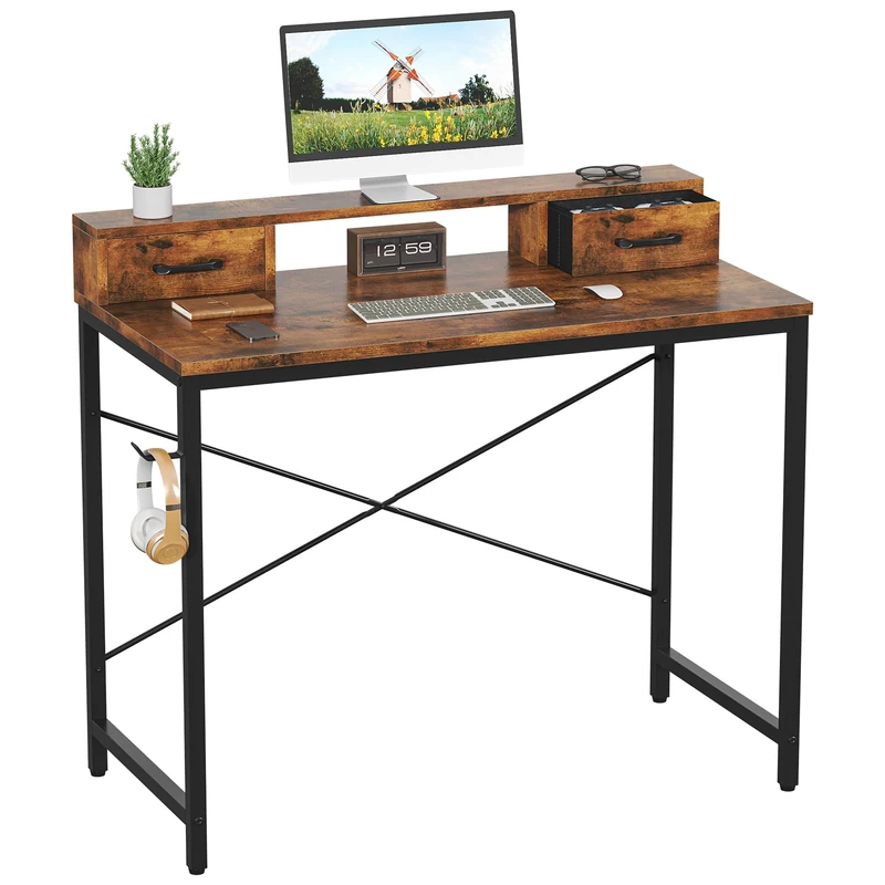 Feonase Industrial-Style Computer Desk with Elevated Monitor Riser & Dual Drawers – 100cm Wide MDF Desktop for Home Office, Gaming & Study Rustic Brown(100x50x87cm) - Image 1