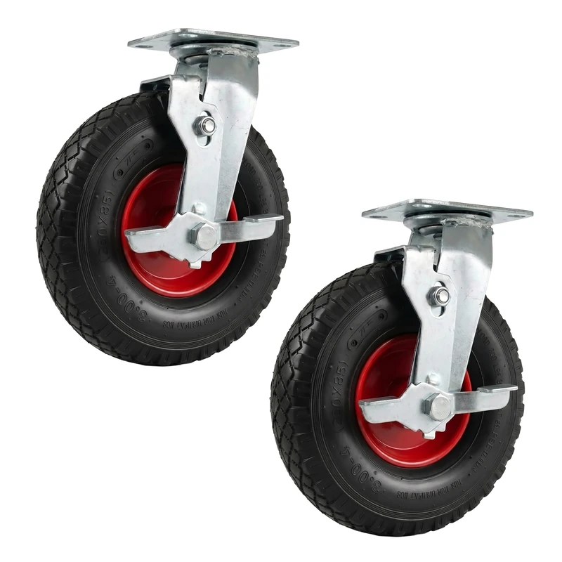 Relaxdays swivel castor with brake, set of 2, 3.00-4, 120 kg, black/red