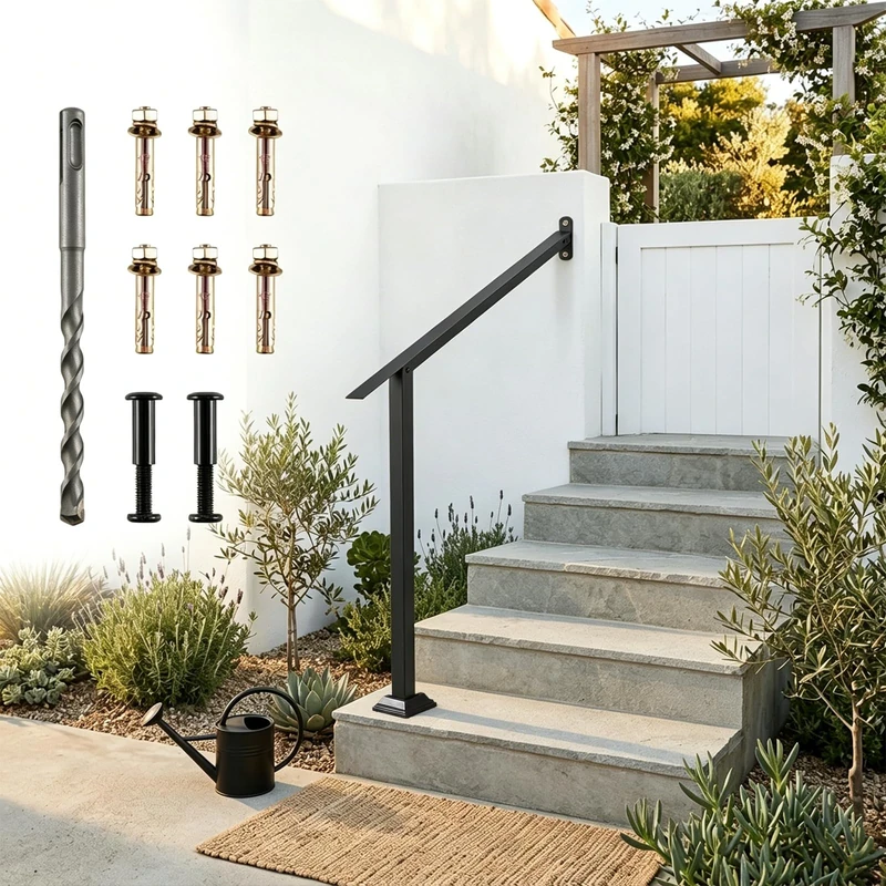 HOMFME Handrail for Stairs Fit 2-5 Steps, Heavy-Duty Adjustable Angle Stair Railing Kit with Drill Bit & 6 Expansion Screws, Indoor Outdoor Metal Grab Rails for Garden Entryway Backyard (4-5 Steps)