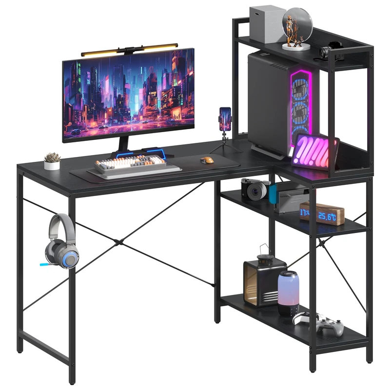 Feonase 47" L-Shaped Computer Desk Gaming Desk with Durable Metal Frame, Corner Desk with 4 Sheves and Hook, for Home Office Gaming Study Black(120 x 70 x 124.5 cm) - Image 1