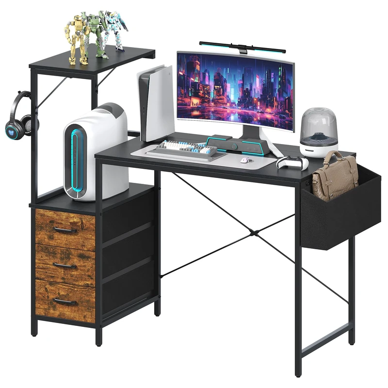 Feonase 47“Computer Desk with 3 Drawers & Shelf, Side Pocket, Dual-Panel 2-in-1 Design, Monitor Riser & Lamp Holder Compatible, Reversible Gaming Desk for Home Office Study White (120x57x108cm)