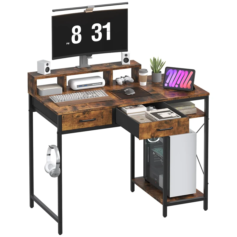 Feonase Ergonomic Computer Desk with Monitor Riser, 2 Under-Desk Drawers, CPU Stand & Hook – MDF Desktop for Home Office, Gaming & Study Rustic Brown(100x50x87cm)