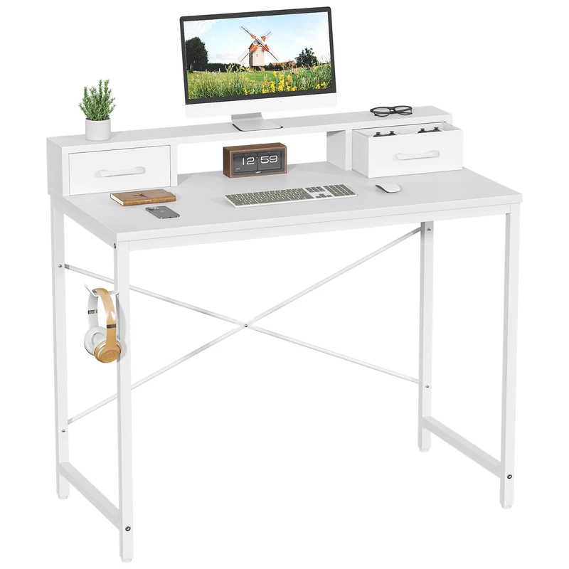Feonase Industrial-Style Computer Desk with Elevated Monitor Riser & Dual Drawers – 100cm Wide MDF Desktop for Home Office, Gaming & Study White(100x50x87cm)