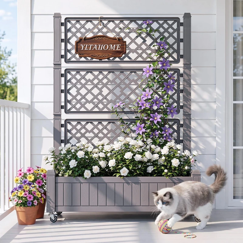 DWVO Raised Bed with Trellis,Drainage Holes with Wheels 108.5x44x155cm