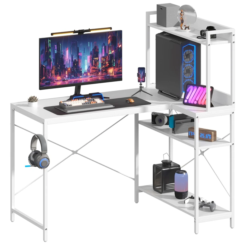 Feonase 47 inch L Shaped Computer Desk Gaming Desk with Durable Metal Frame, Corner Desk with 4 Sheves and Hook, for Home Office Gaming Study White(120 x 70 x 124.5 cm)