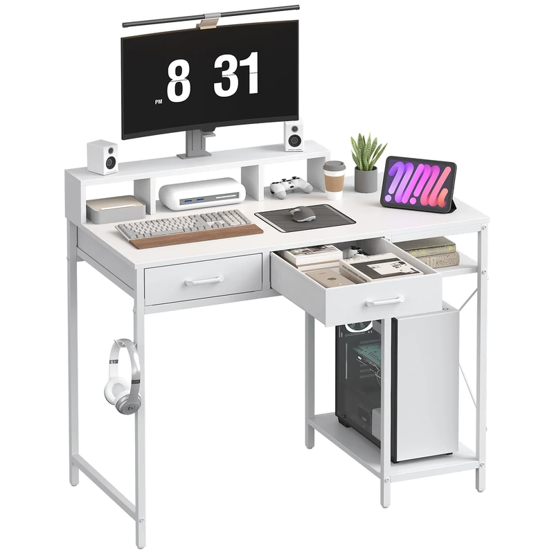 Feonase Ergonomic Computer Desk with Monitor Riser, 2 Under-Desk Drawers, CPU Stand & Hook – MDF Desktop for Home Office, Gaming & Study White (100x50x87cm)