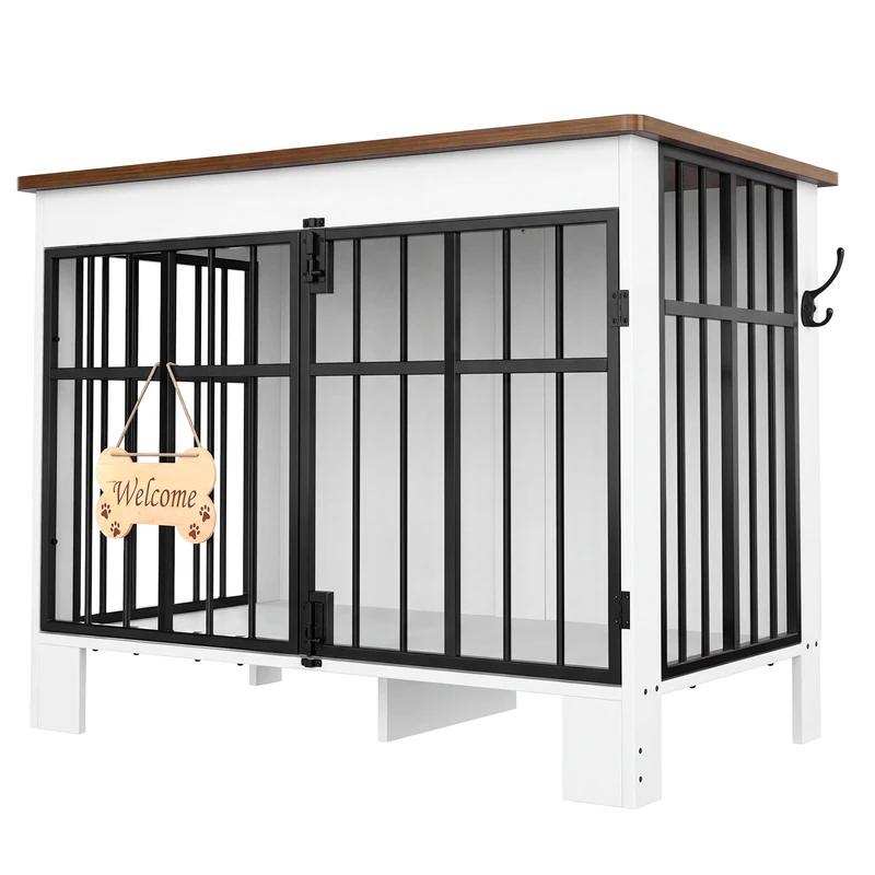 YITAHOME Dog Crate Furniture 85 cm, Double Door Wooden Dog Cage with Bone-Shaped "Welcome" Sign & Side Hook, Indoor Kennel End Side Table for Small Medium Dogs White+Brown