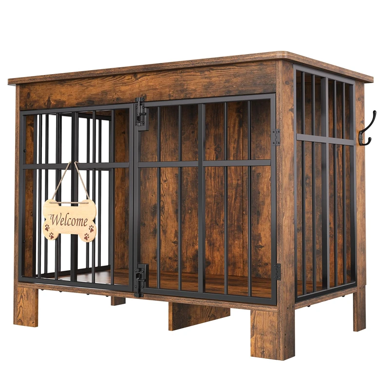 YITAHOME Dog Crate Furniture 85 cm, Double Door Wooden Dog Cage with Bone-Shaped "Welcome" Sign & Side Hook, Indoor Kennel End Side Table for Small Medium Dogs Rustic Brown