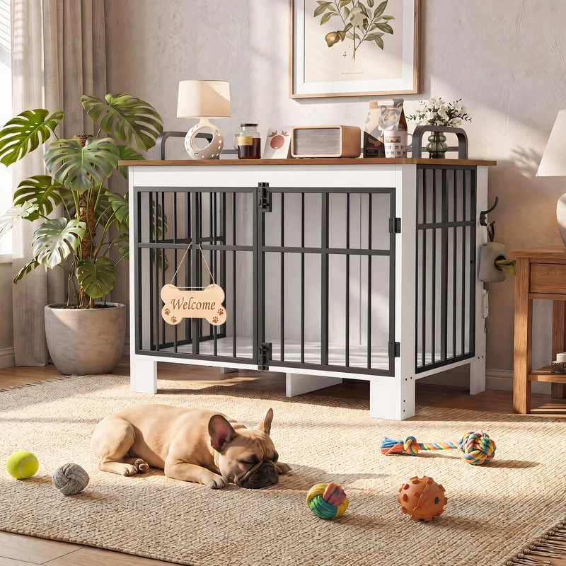 YITAHOME Large Dog Crate Furniture 100 cm, Double Door Wooden Dog Cage with Anti-Drop Rails & Side Hook, Bone-Shaped "Welcome" Sign, End Side Table for Small Medium Dogs White+Brown