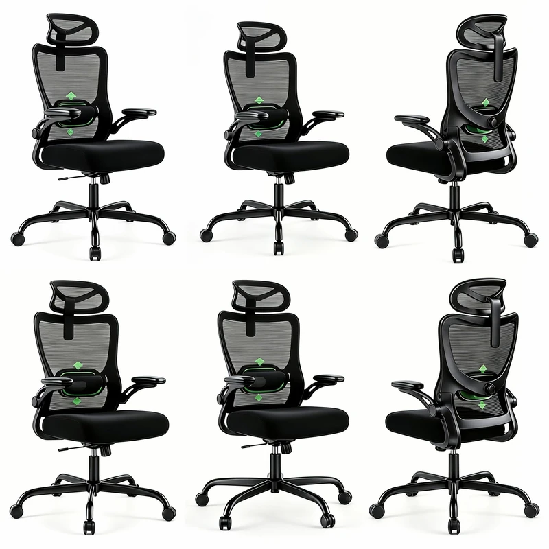 Marsail Ergonomic Office Chair: Computer Desk Chair with High Back Adjustable Lumbar Support 3D Armrests and Headrest 101°-120°Rocking Mesh Swivel Task Chairs for Home Office,6pcs