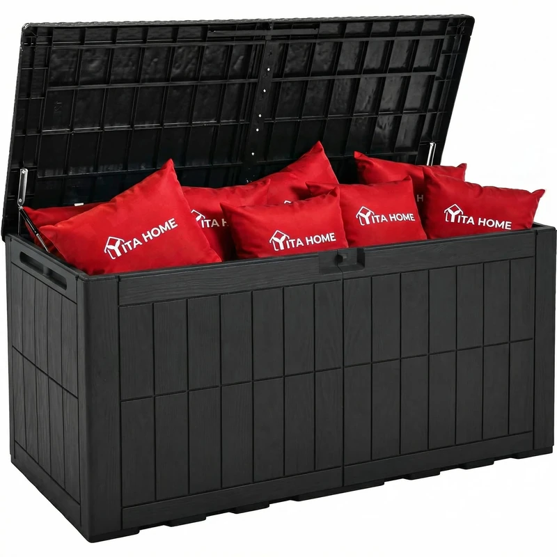 YITAHOME 450L Large Outdoor Garden Storage Box, Waterproof Resin Deck Box with Lock & Hydraulic Piston, 2-Person Bench Seat for Patio Cushions & Garden Tools, UV-Resistant & Weatherproof, Black - Image 1