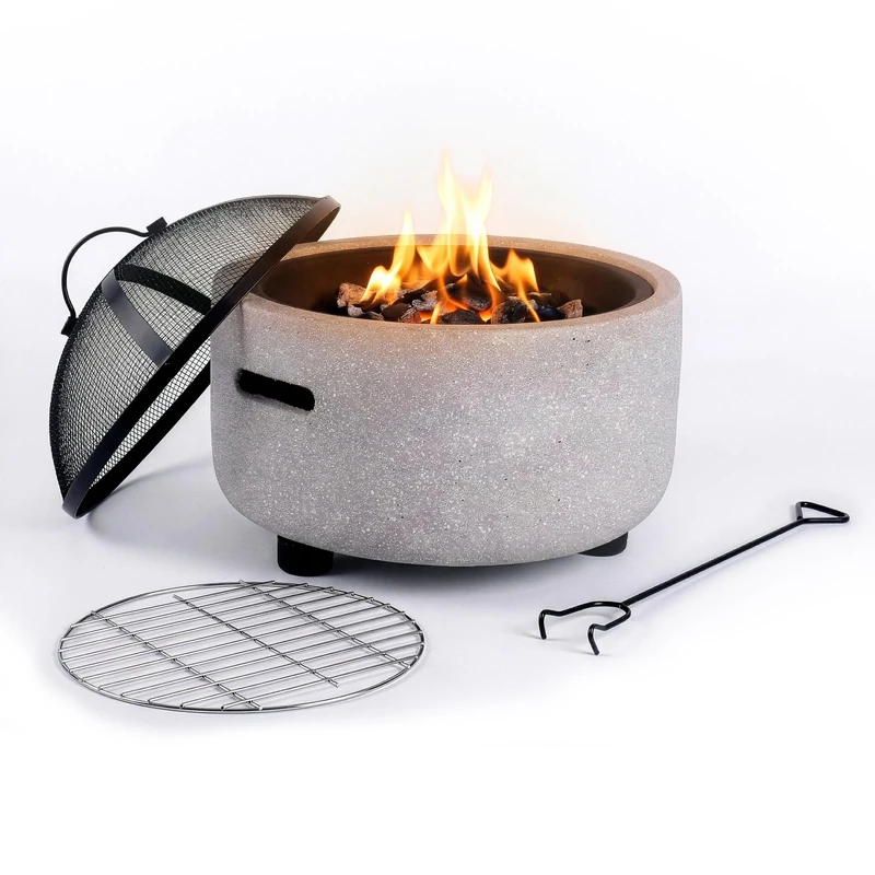 Relaxdays fire bowl, Ø 44 cm, spark guard, poker, stone-effect, steel, garden fire pit, grey/black