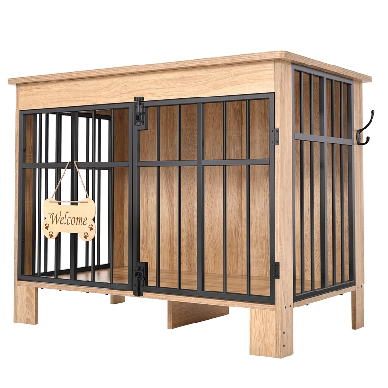 YITAHOME Dog Crate Furniture 85 cm, Double Door Wooden Dog Cage with Bone-Shaped "Welcome" Sign & Side Hook, Indoor Kennel End Side Table for Small Medium Dogs Grey