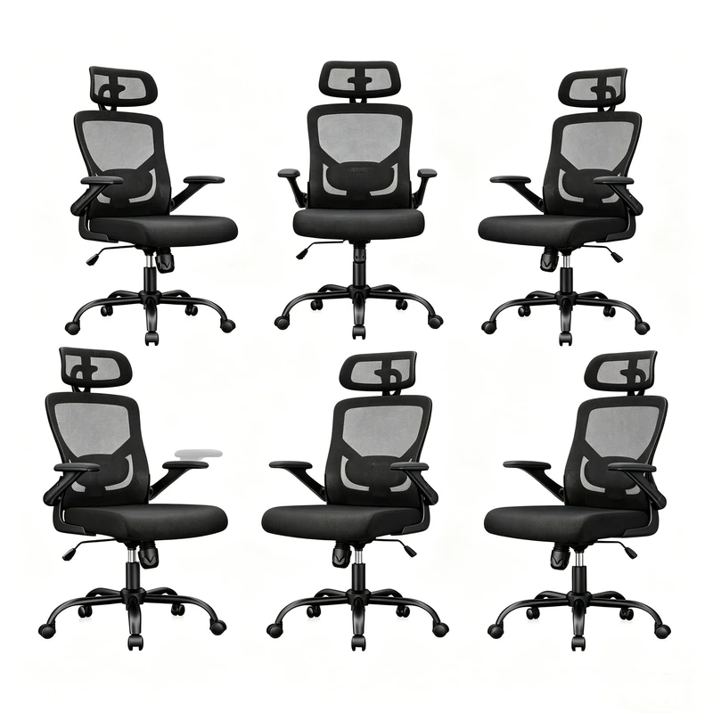 Marsail Ergonomic Mesh Office Chair High Back Desk Chair Adjustable Lumbar Support with Headrest Flip-Up Liftable Arms Swivel Computer Task Chair,6PCS