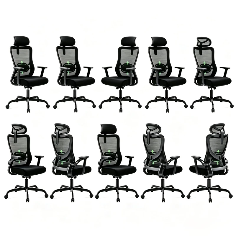 Marsail Ergonomic Office Chair: Computer Desk Chair with High Back Adjustable Lumbar Support 3D Armrests and Headrest 101°-120°Rocking Mesh Swivel Task Chairs for Home Office,10pcs