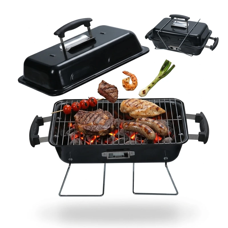 Relaxdays Tabletop folding grill, H x W x D: 36 x 56 x 30.5 cm, portable, vents, lid, camping, steel, black